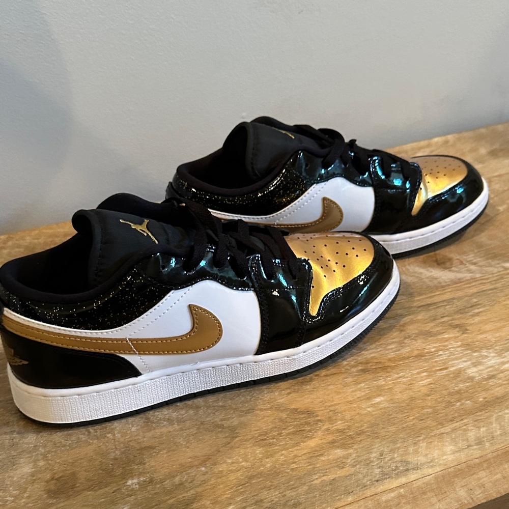 Jordan 1s - low top Gold and Black Sneakers with Patent Leather Finish